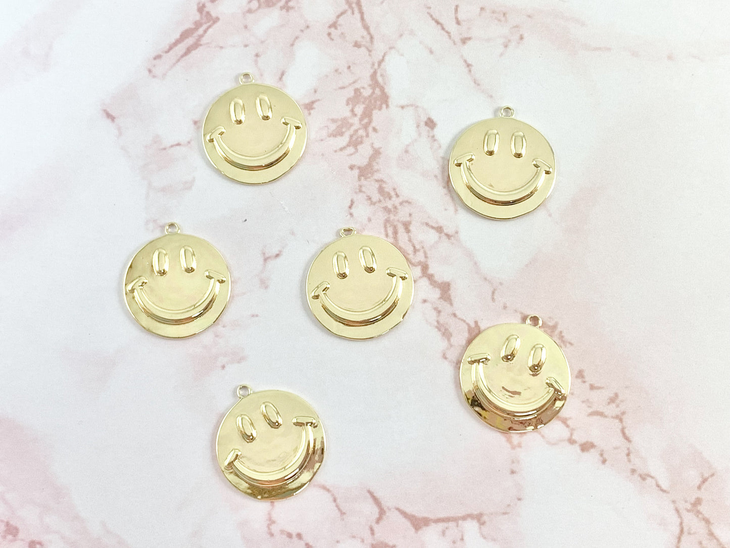 Smiley Face Circle Coin Charms 20mm in 18K Gold Plated Copper Findings 6 pcs