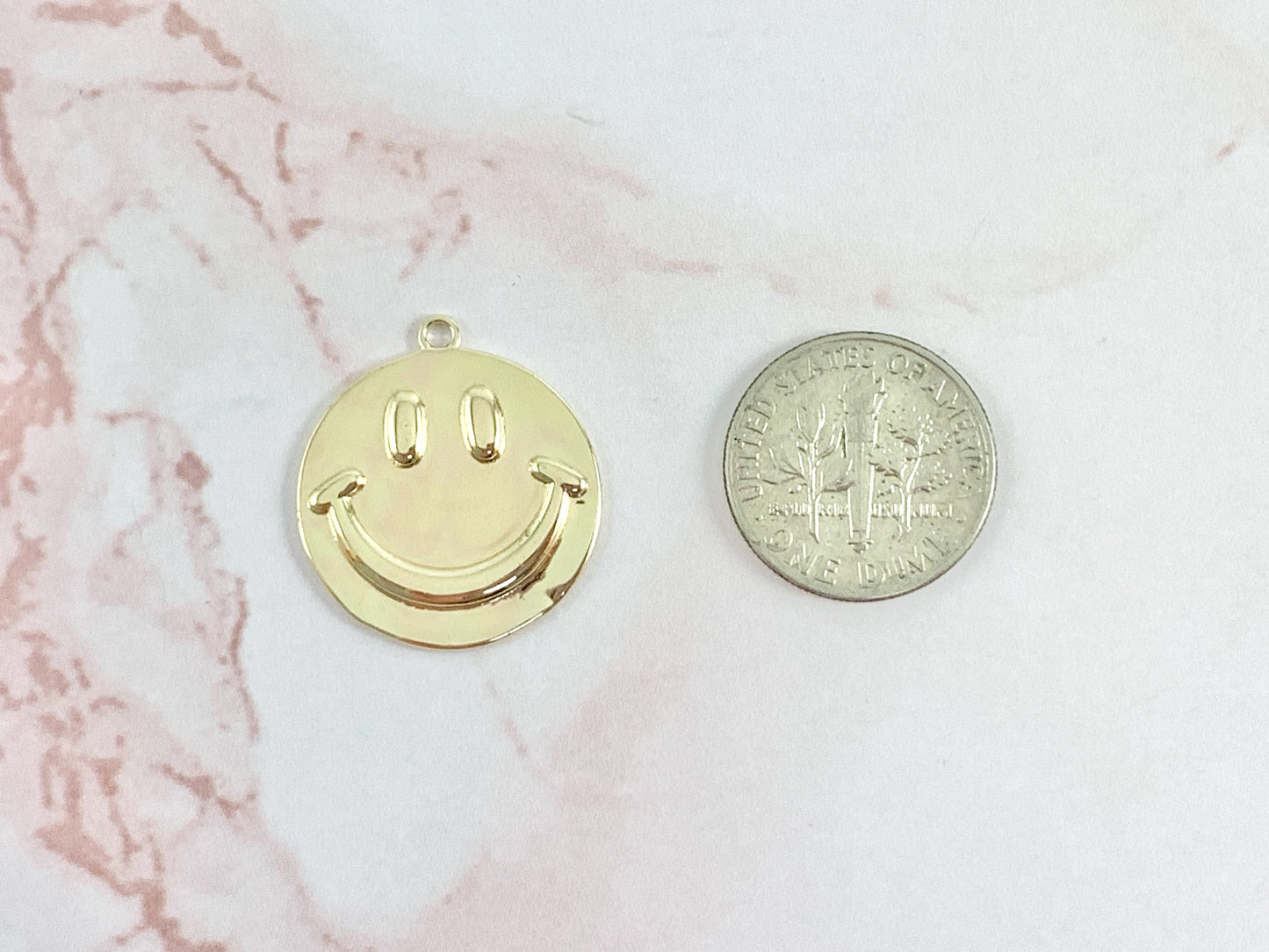 Smiley Face Circle Coin Charms 20mm in 18K Gold Plated Copper Findings 6 pcs
