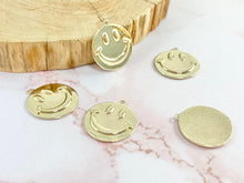 Load image into Gallery viewer, Smiley Face Circle Coin Charms 20mm in 18K Gold Plated Copper Findings 6 pcs
