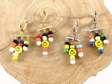 Load image into Gallery viewer, Cute Multi Smiley Face Seed Bead Dangle Earring Huggies in 18K gold or silver plating over copper 3 pairs
