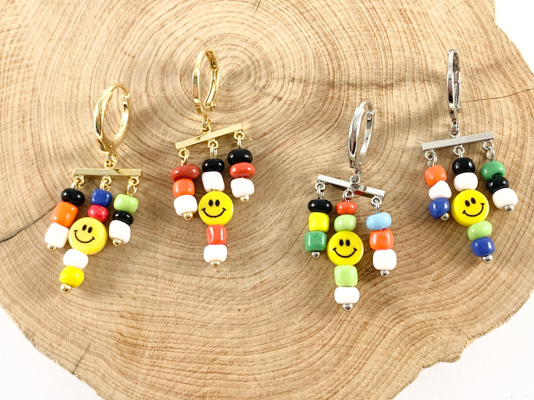 Cute Multi Smiley Face Seed Bead Dangle Earring Huggies in 18K gold or silver plating over copper 3 pairs