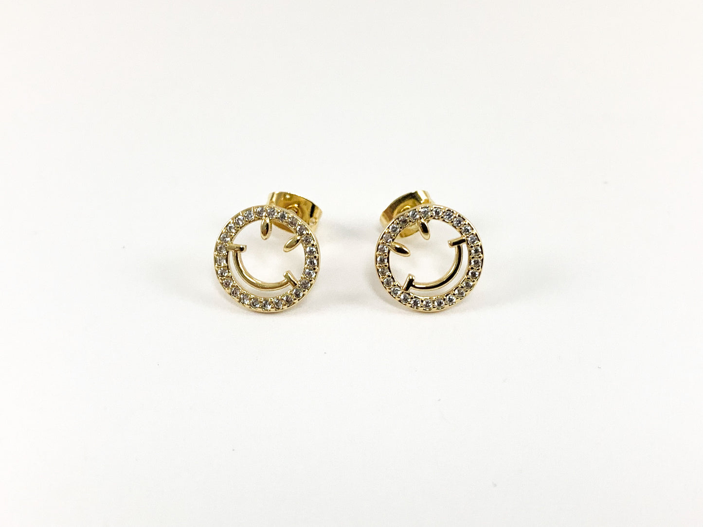 Real 18K Gold Plated CZ Pave Smiley Face Stud Earrings Over Brass 4 pairs