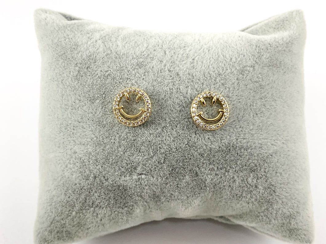 Real 18K Gold Plated CZ Pave Smiley Face Stud Earrings Over Brass 4 pairs