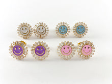 Load image into Gallery viewer, Real 18K Gold Plated CZ Pave Enamel Pastel Smiley Face Stud Earrings Over Brass 3pairs
