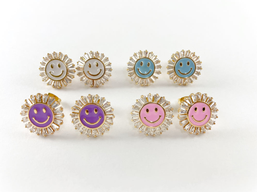 Real 18K Gold Plated CZ Pave Enamel Pastel Smiley Face Stud Earrings Over Brass 3pairs