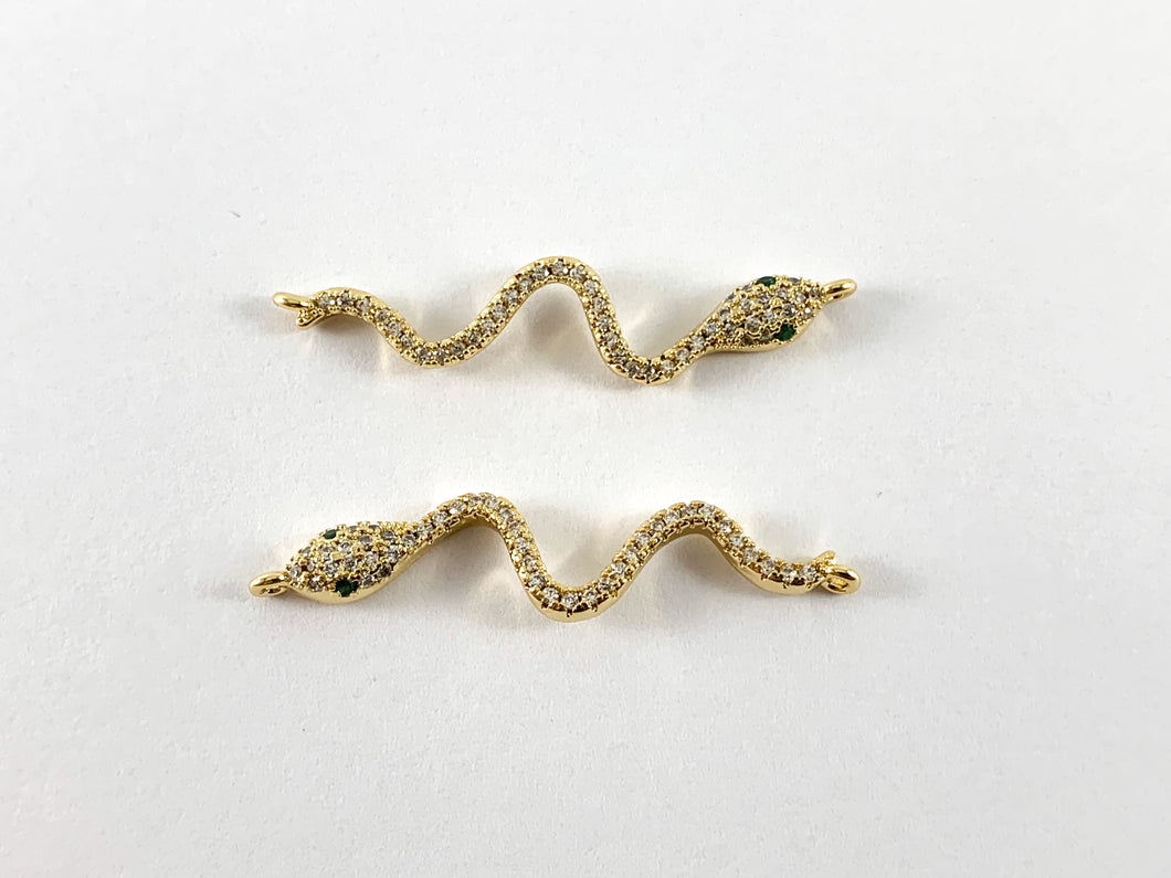 Real Gold 18K Plated Micro CZ Green Eye Snake Pave Connector Over Brass 5pcs