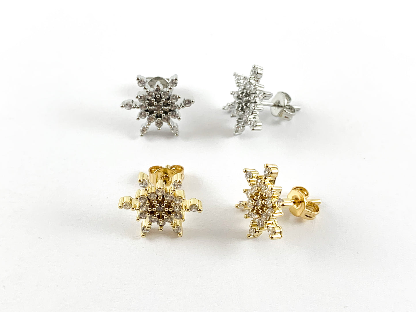 Real Gold/Platinum Plated CZ Pave Snowflake Earring Stud Over Copper 3pairs