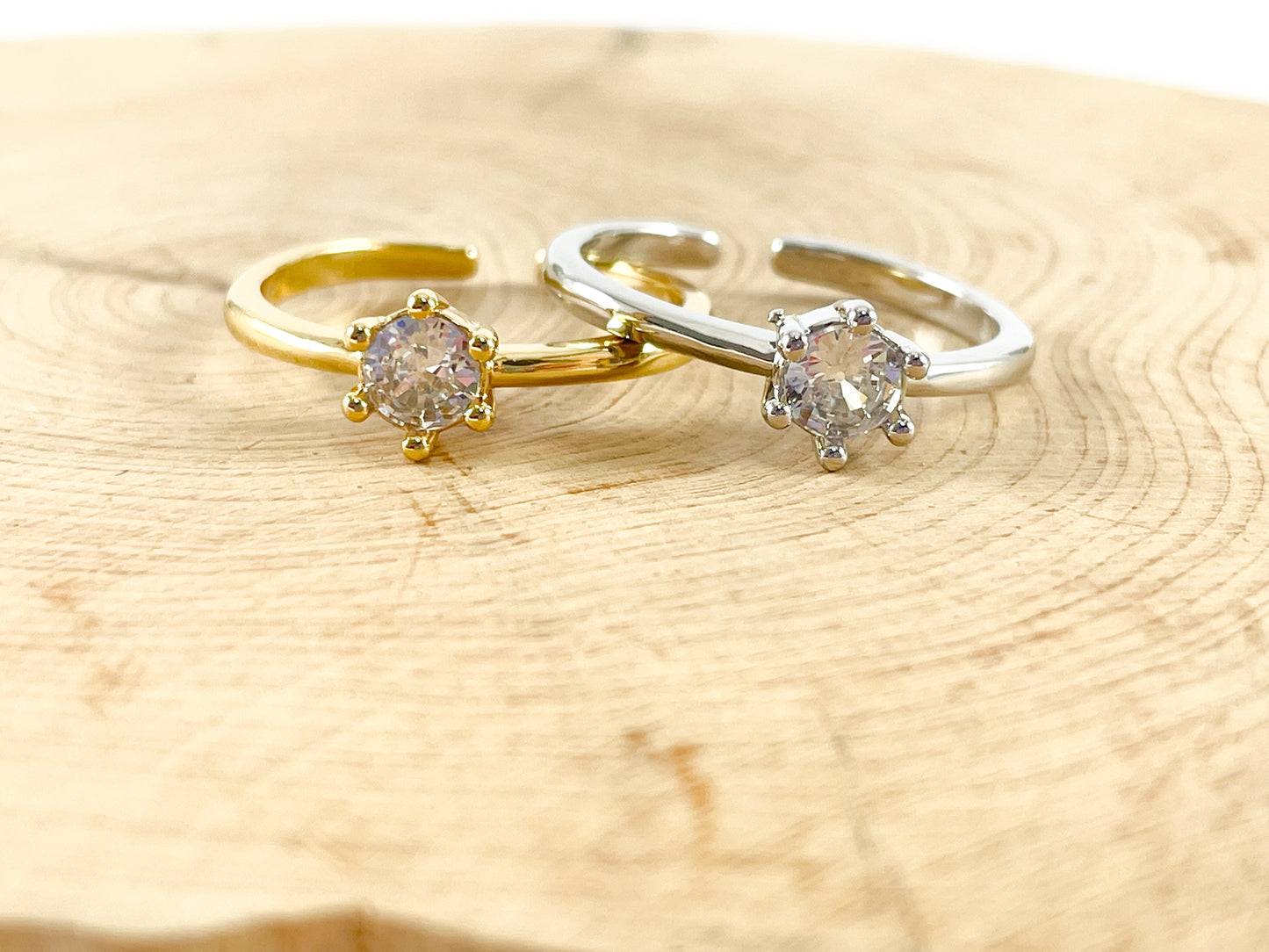 Real Gold/Silver 18K Plated Copper Adjustable Round Solitaire Ring 5 pcs