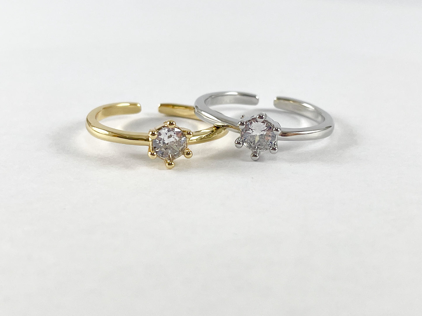 Real Gold/Silver 18K Plated Copper Adjustable Round Solitaire Ring 5 pcs