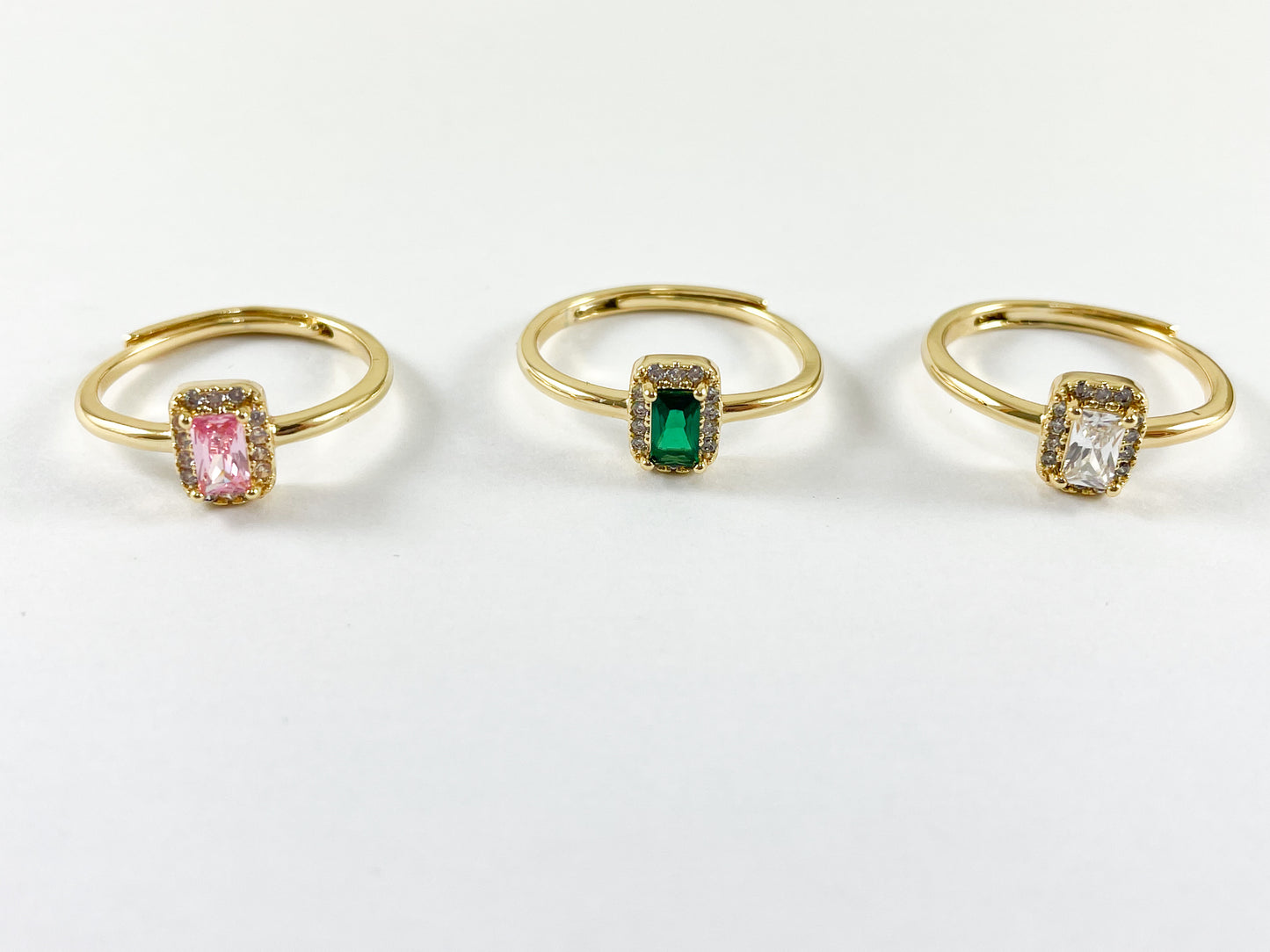 18K Real Gold Plated Rectangle CZ Pave Emerald Cut Solitaire Halo Pink Diamond Adjustable Ring 6pcs