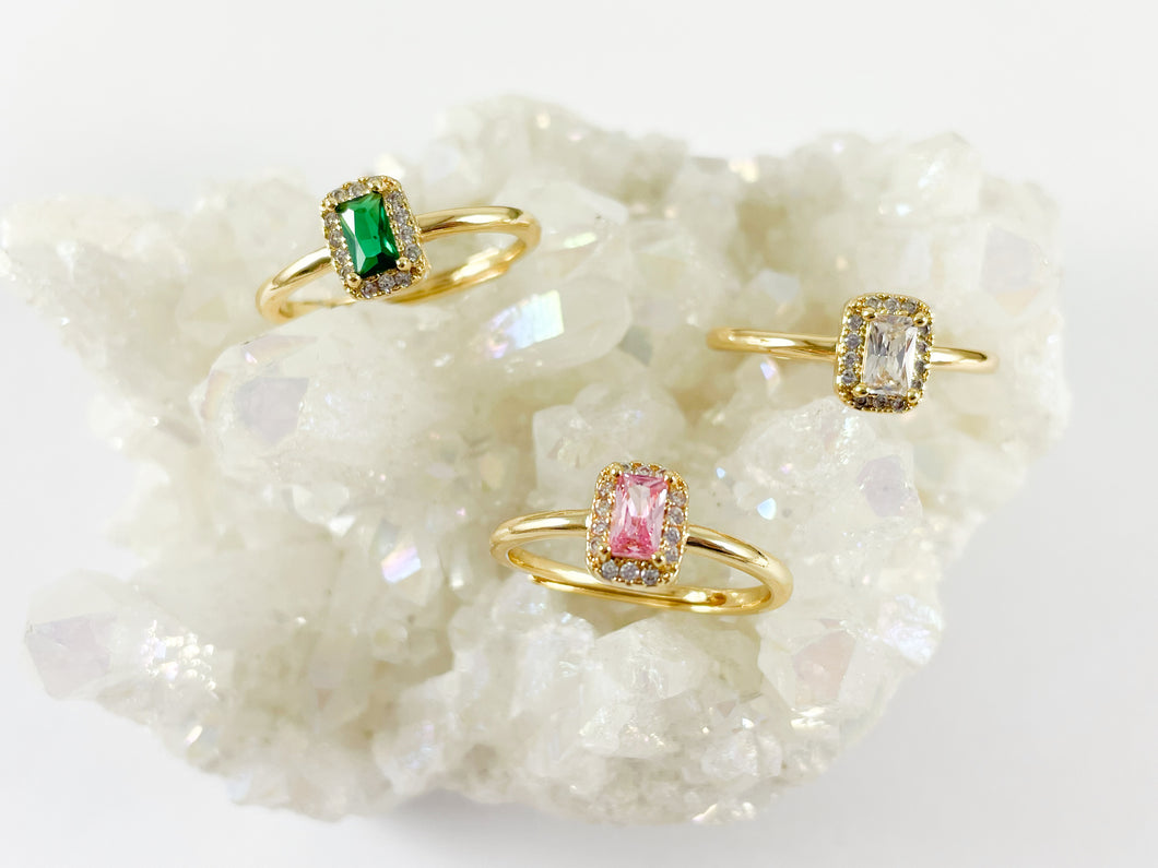 18K Real Gold Plated Rectangle CZ Pave Emerald Cut Solitaire Halo Pink Diamond Adjustable Ring 6pcs