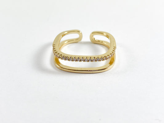 Real 18K Gold Plated CZ Pave Double Band Square Adjustable Ring 6pc