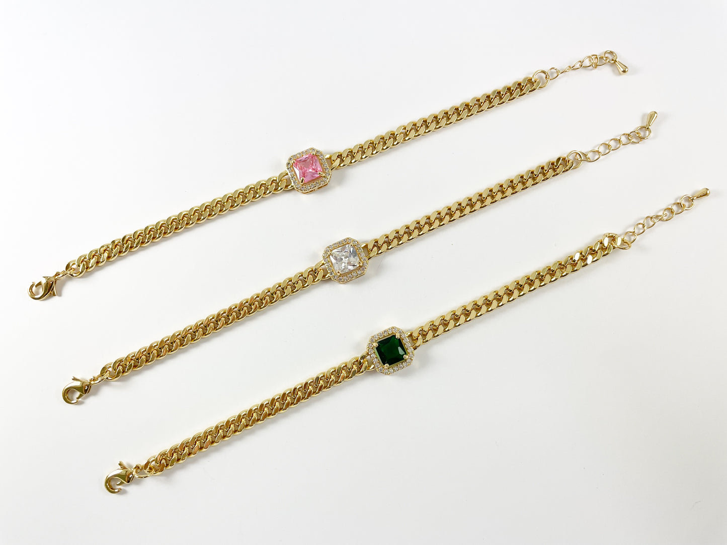 Pulsera de eslabones cubanos pavimentados con circonitas cuadradas chapadas en oro de 18 quilates con extensor 1 pulsera