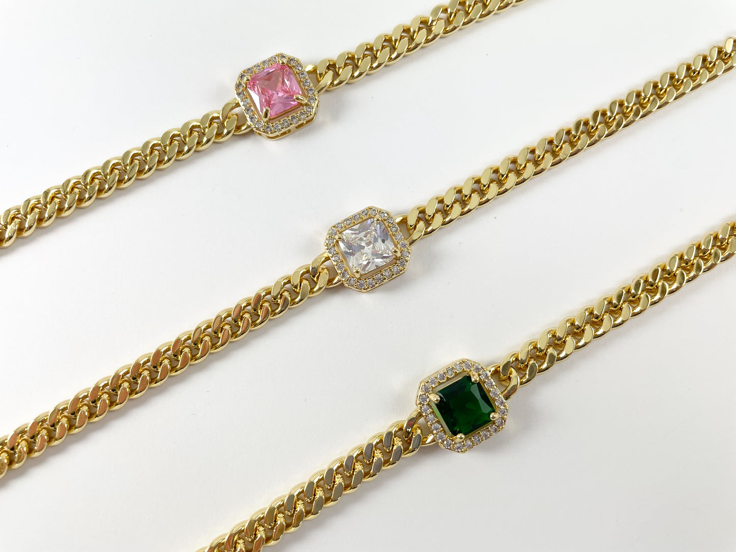 Pulsera de eslabones cubanos pavimentados con circonitas cuadradas chapadas en oro de 18 quilates con extensor 1 pulsera