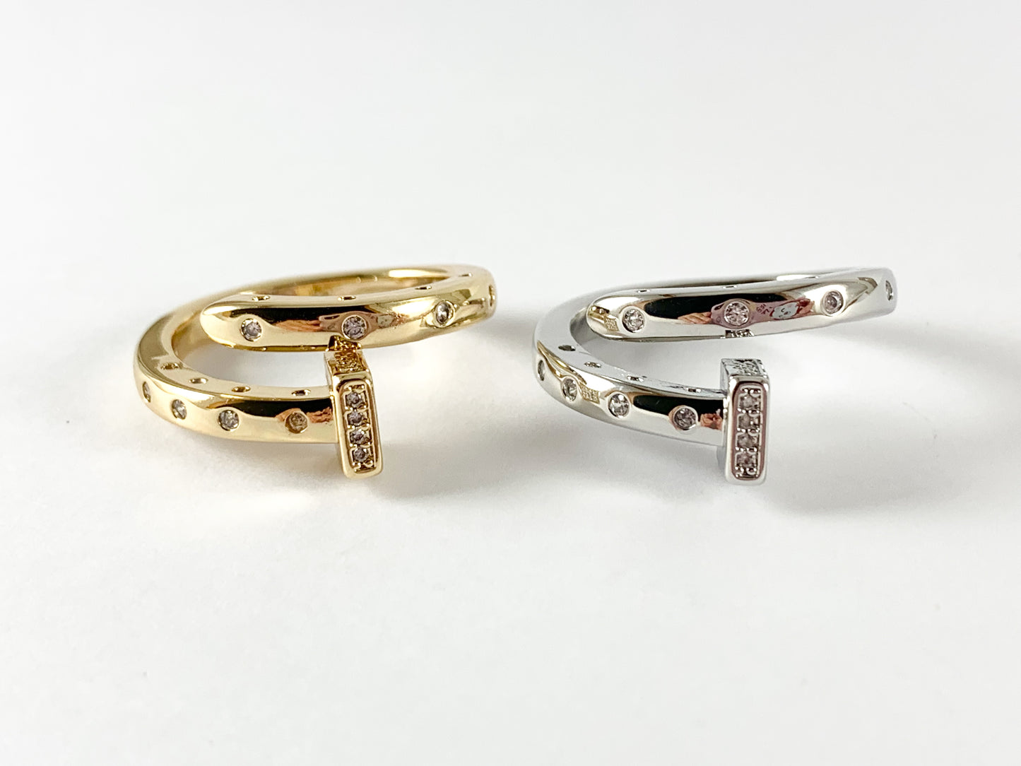 Real 18K Gold and Platinum Plated CZ Pave Square Bypass Nail Ring 4 pcs