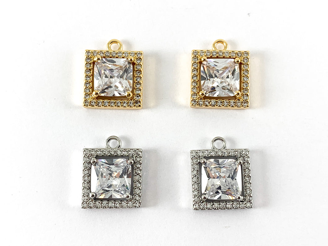 18K Gold Plated Brass Square Cubic Zirconia Pave Rhinestone Pendant Charm Over Brass 6pcs