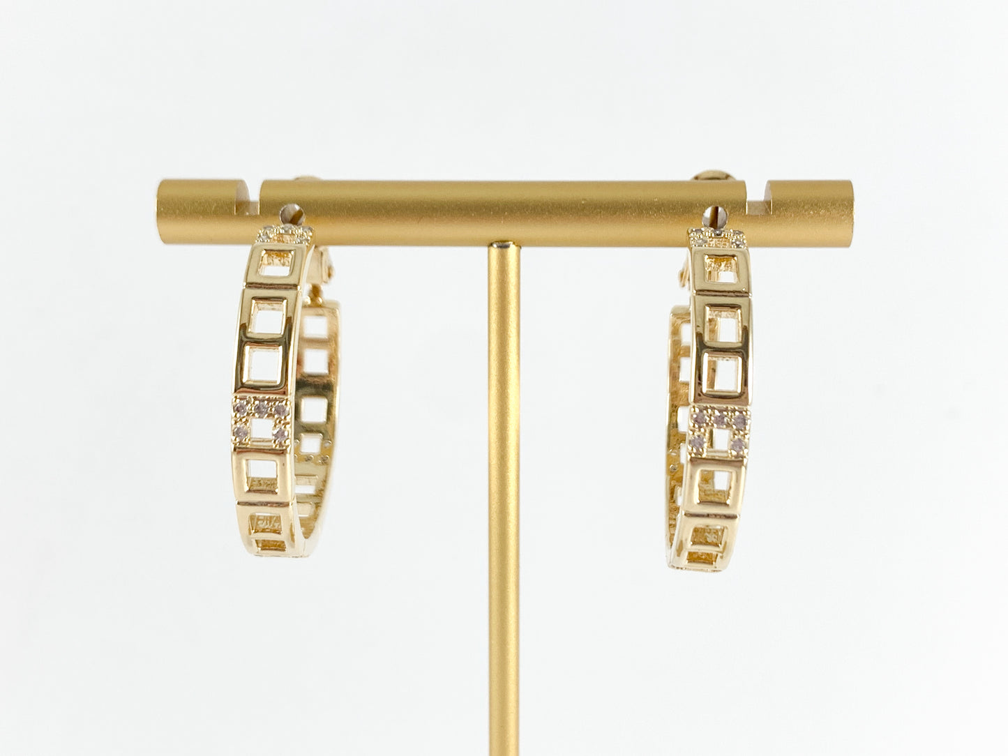 Pendientes de aro con pavé de circonita cúbica y eslabones cuadrados en cobre chapado en oro o plata de 18 k, 2 pares