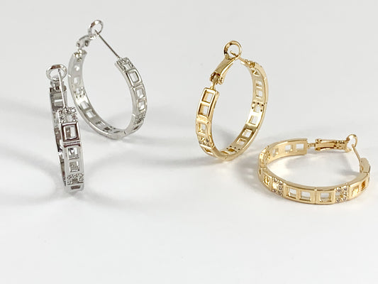 Pendientes de aro con pavé de circonita cúbica y eslabones cuadrados en cobre chapado en oro o plata de 18 k, 2 pares