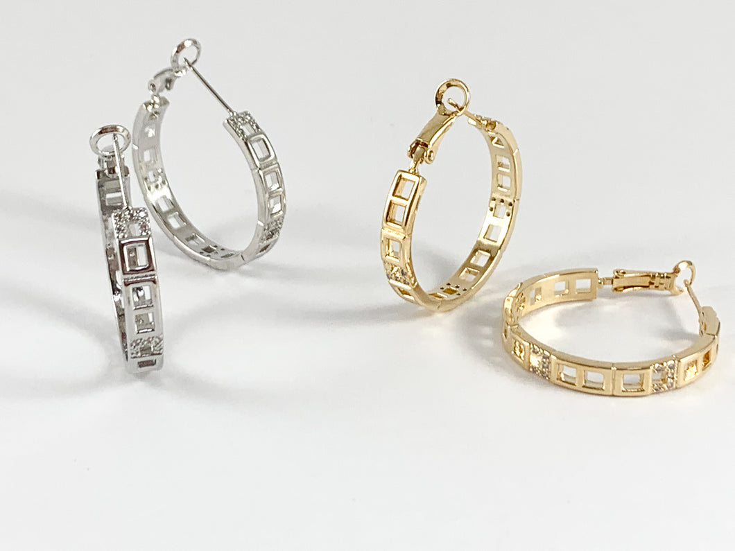 Square Link CZ Pave Hoops Earrings in 18k Gold or Silver plated Copper 2pairs