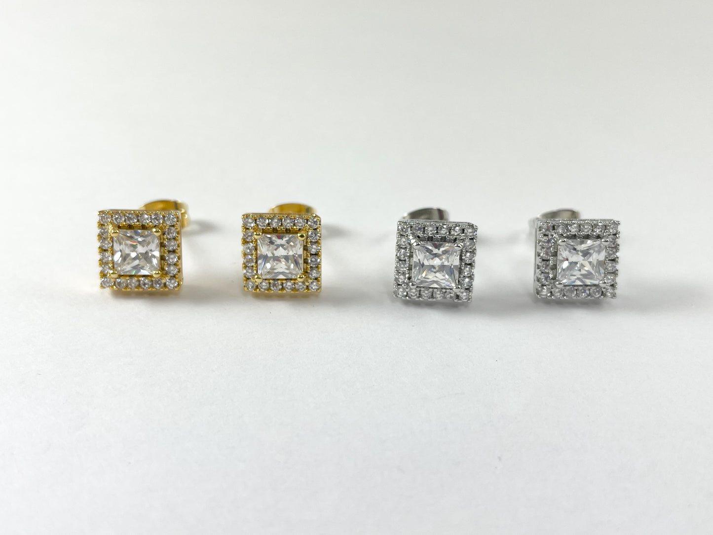 18K Gold/Platinum Plated CZ Pave Square Halo Earring Studs Over Copper 5pairs