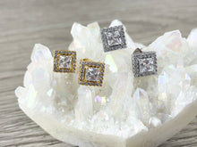 Load image into Gallery viewer, 18K Gold/Platinum Plated CZ Pave Square Halo Earring Studs Over Copper 5pairs
