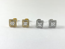 Load image into Gallery viewer, 18K Gold/Platinum Plated CZ Pave Square Halo Earring Studs Over Copper 5pairs
