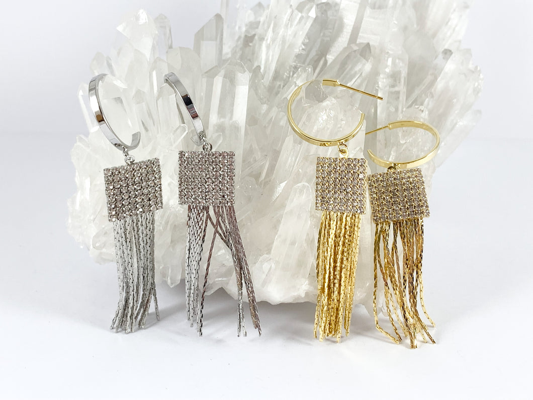 Real 18K Gold/Silver Plated CZ Pave Square Tassel Earring Over Copper 1 pair