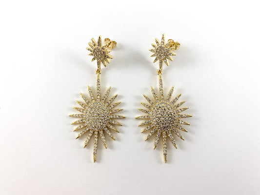 Real 18K chapado en oro/platino completo CZ Pave Sunburst Starburst colgante pendiente sobre cobre 1 par