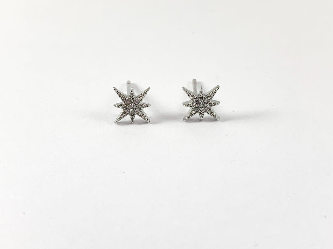 Real 18K Gold/Platinum Plated Pave Starburst Tiny Earring Stud Over Copper 5 pairs