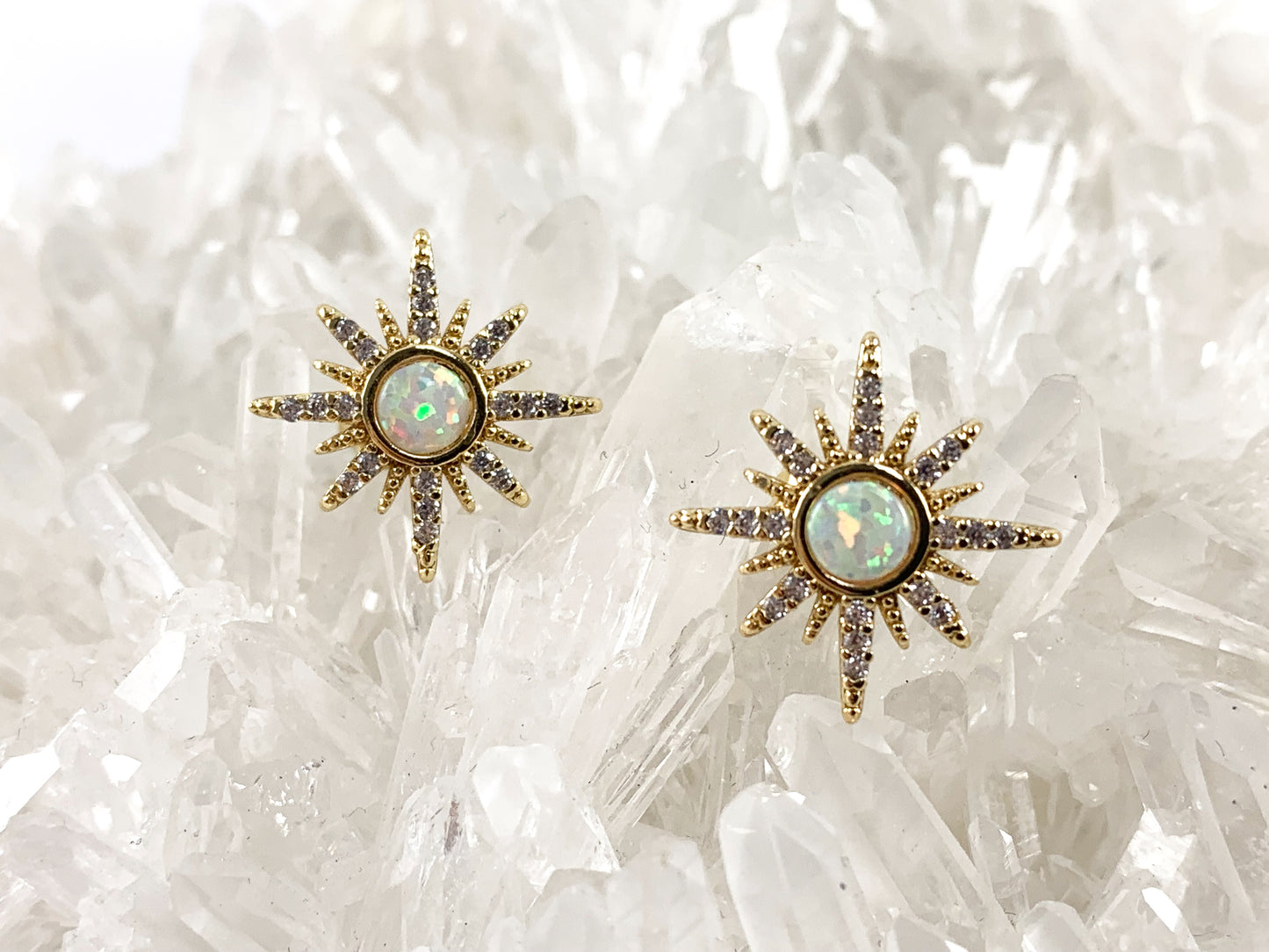Real 18K Gold Plated Japanese Opal CZ Pave Starburst Earring Stud Component Over Copper 2 pairs