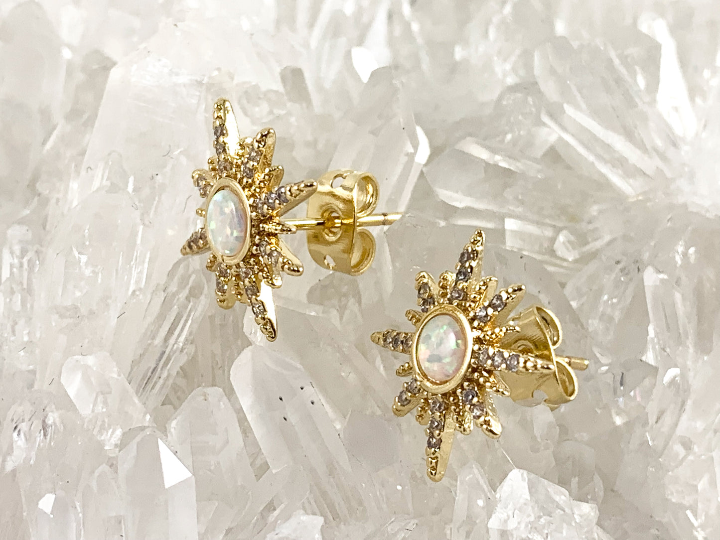 Real 18K Gold Plated Japanese Opal CZ Pave Starburst Earring Stud Component Over Copper 2 pairs