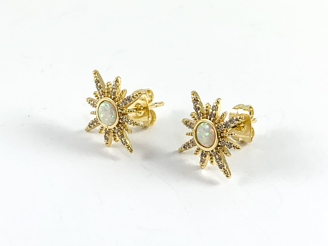 Real 18K Gold Plated Japanese Opal CZ Pave Starburst Earring Stud Component Over Copper 2 pairs