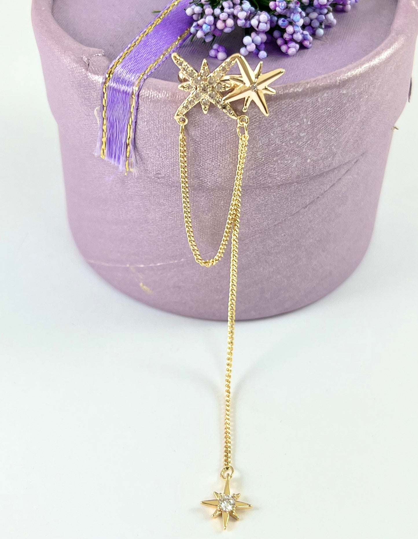 Ear Cuffs Tassel Chain CZ Pave Starburst in Real Gold 18K Plated Brass (No Piercing!!) 5 pcs