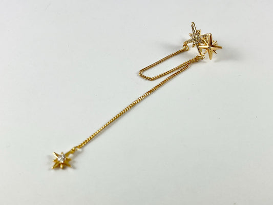 Ear Cuffs Cadena de borlas CZ Pave Starburst en latón chapado en oro real de 18 quilates (¡¡Sin perforación!!) 5 piezas
