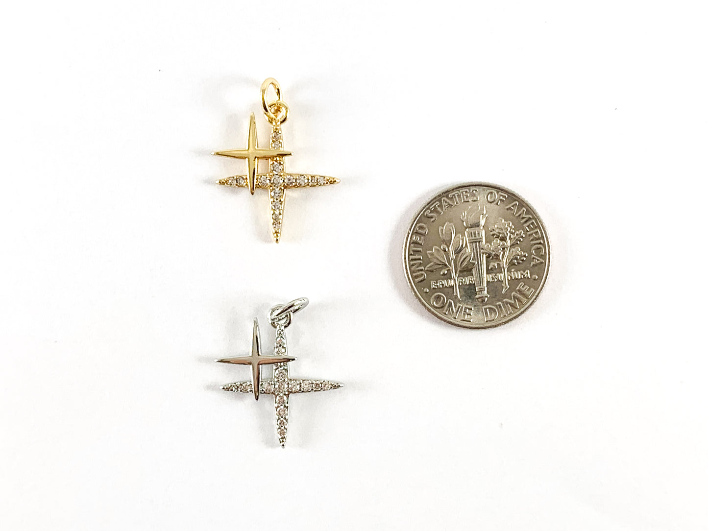 Real Gold/Platinum 18K Plated Micro CZ Pave Celestrial North Star Twinkle Pendant Charm Over Brass 8pcs