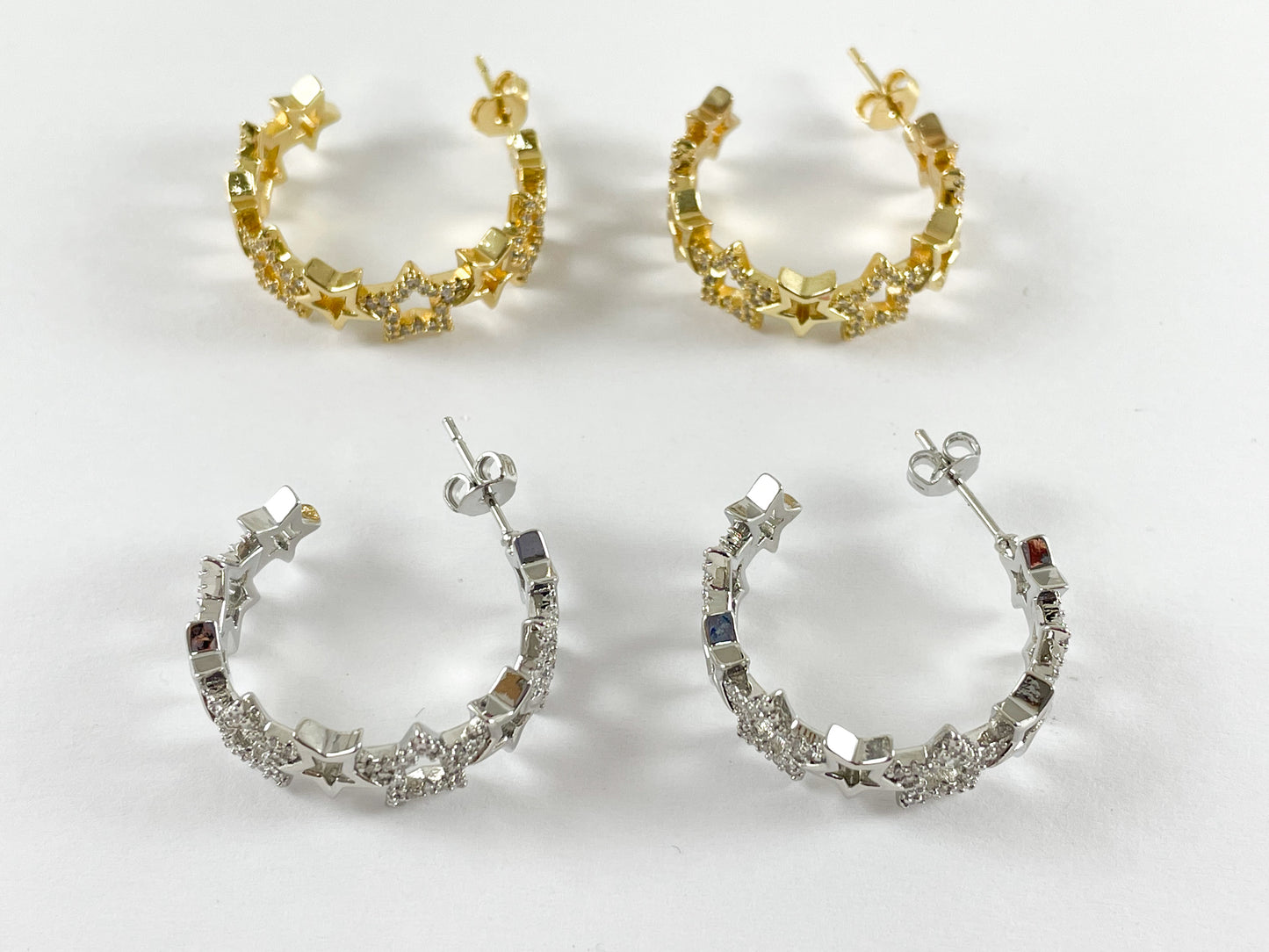 18K Gold and Platinum Plated Cubic Zirconia Star Earring Hoop Over Copper 2 pairs