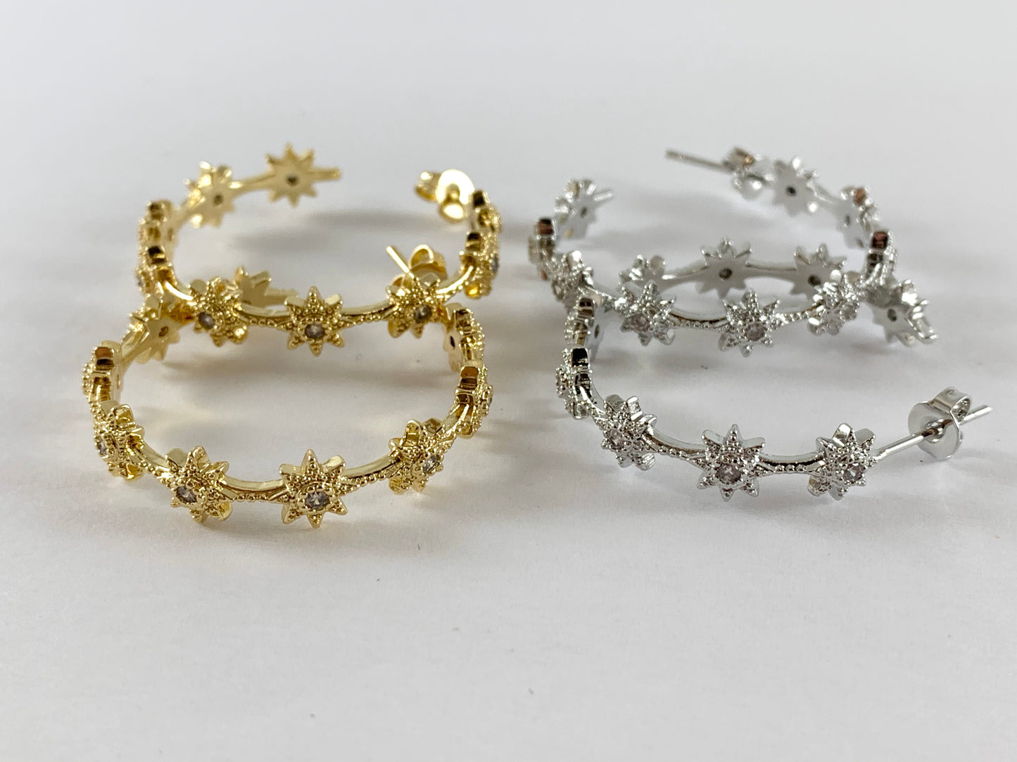 Real 18K Gold/Platinum Plated CZ Pave Circle Sunburst Hoop Earring Over Copper 3 pairs