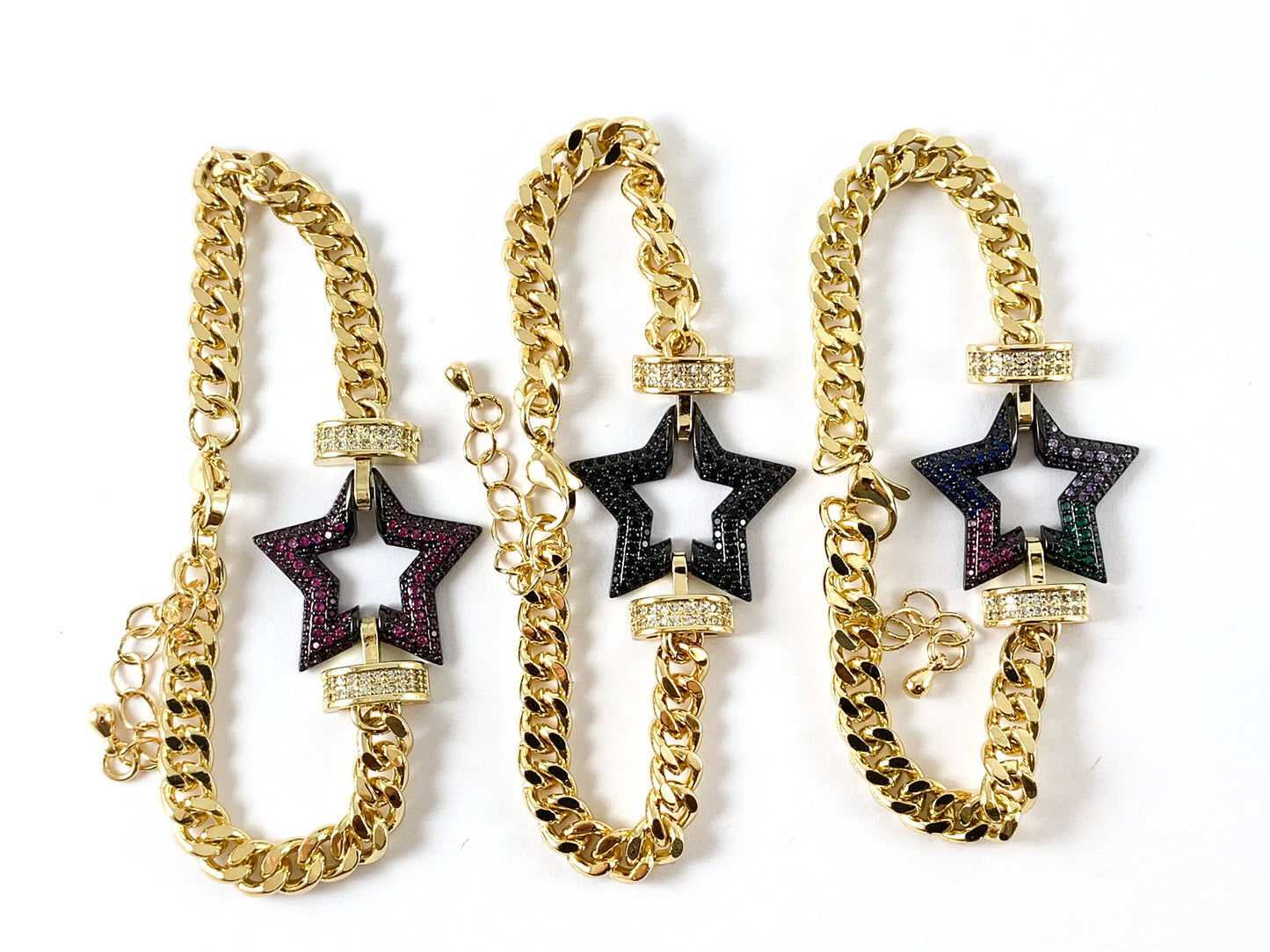 18K Gold Plated Plated CZ Pave Star Cuban Link Bracelet with Extender 1pc