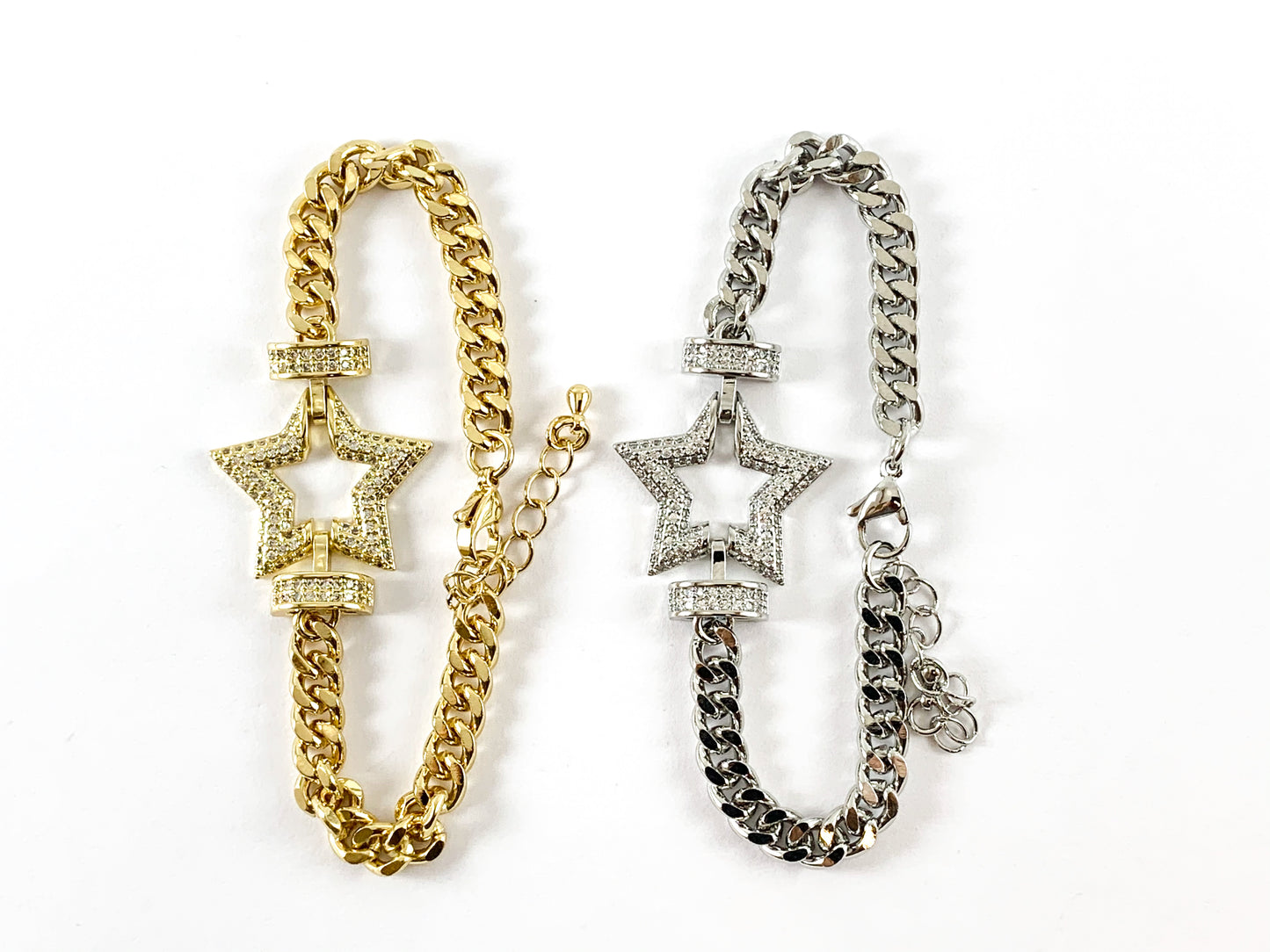 18K Gold Plated/Platinum Plated CZ Pave Star Bracelet with Extender 1pc