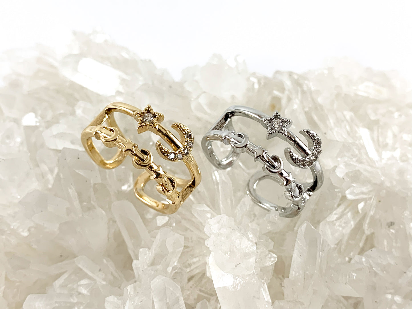 Real 18K Gold and Platinum Plated CZ Pave Adjustable Star Moon Crescent Ring 4pcs