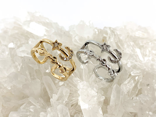Real 18K Gold and Platinum Plated CZ Pave Adjustable Star Moon Crescent Ring 4pcs