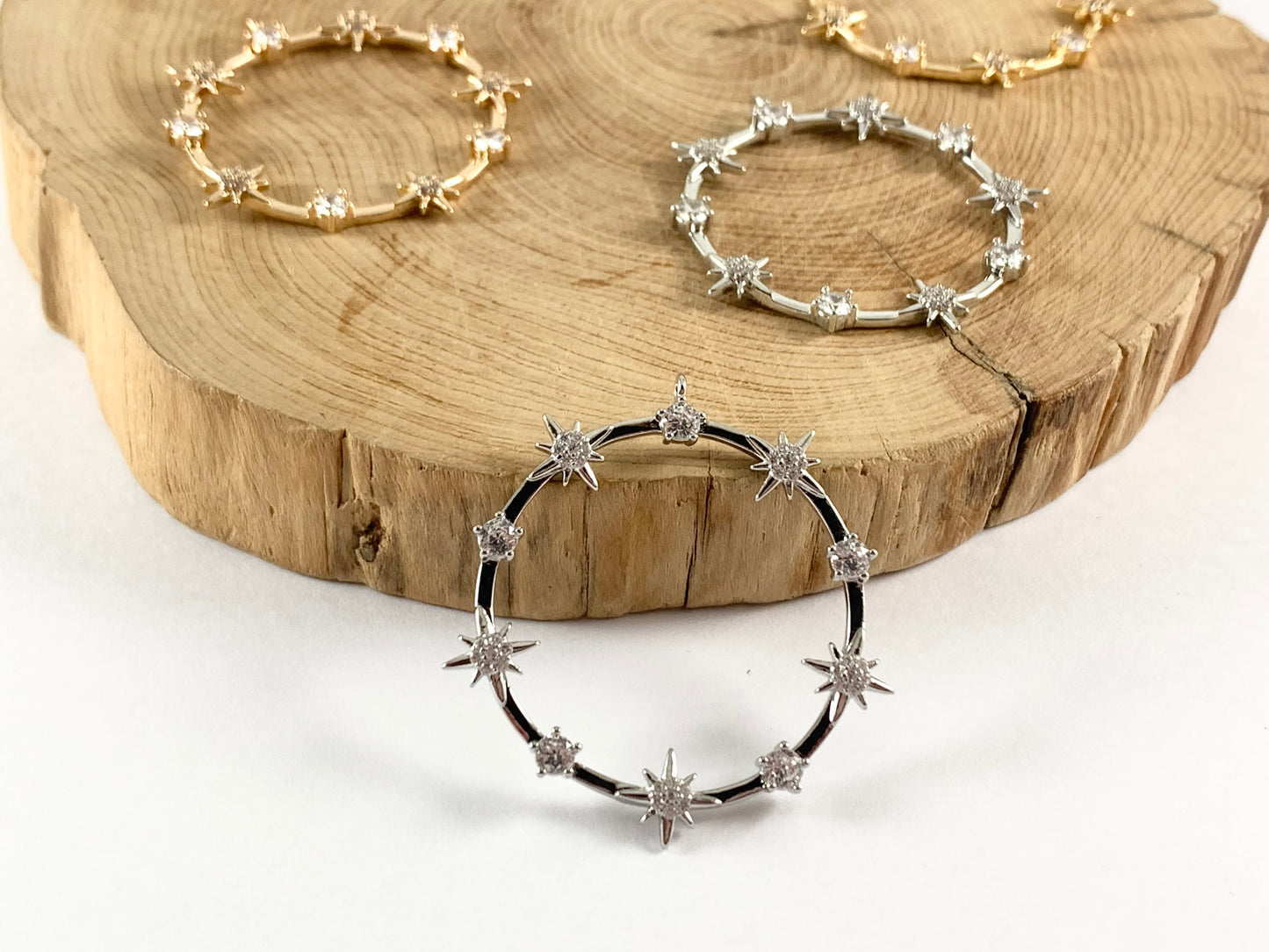 Real Gold/Platinum 18K Plated Micro CZ Sun Burst Pave Circle Pendant Over Brass 6 pcs