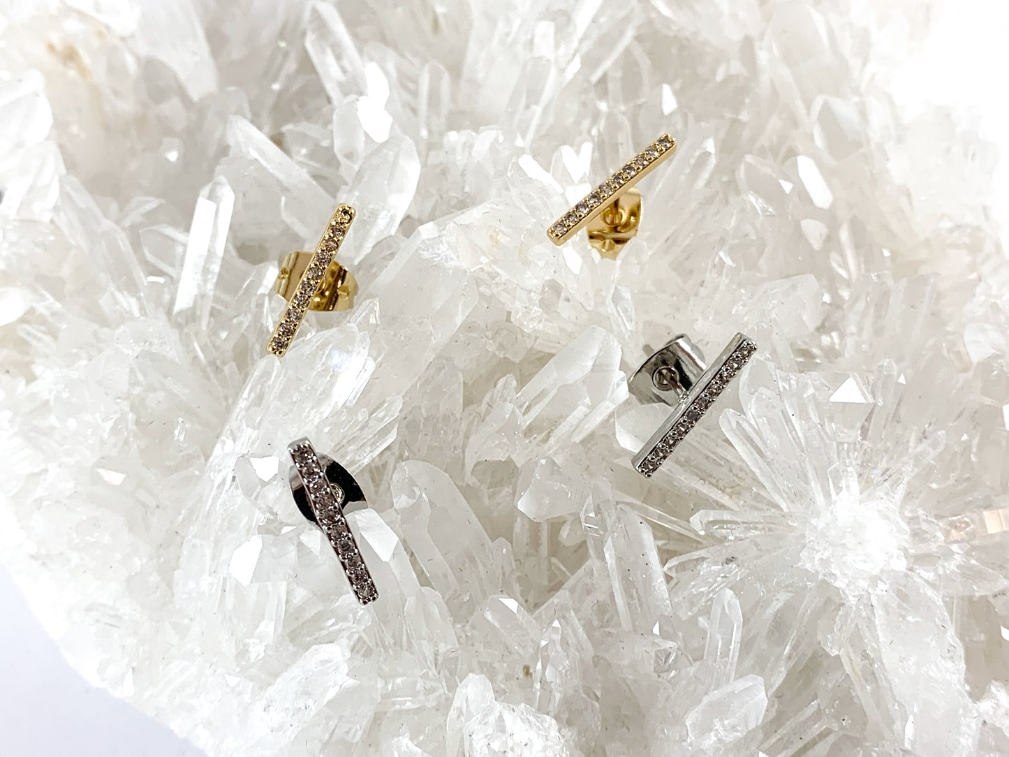 Real 18K Gold/platinum Plated CZ Pave Bar Line Stick Earring Stud Over Copper 5pairs