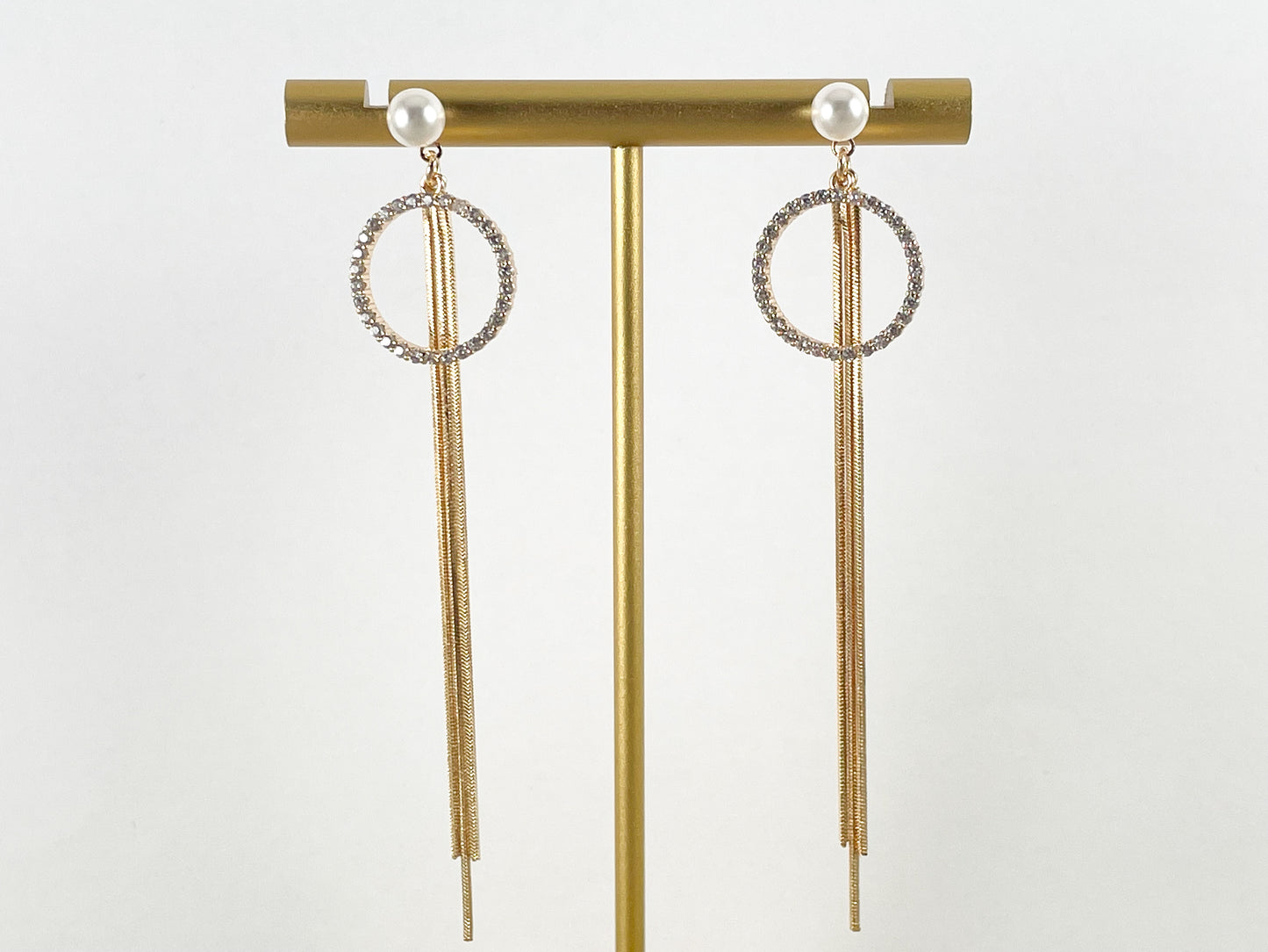 Real 18K Gold Plated Circle CZ Pave Pearl Long Dainty Tassel Earring Over Copper 3 pairs