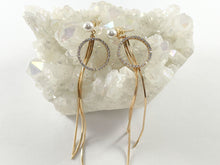 Load image into Gallery viewer, Real 18K Gold Plated Circle CZ Pave Pearl Long Dainty Tassel Earring Over Copper 3 pairs
