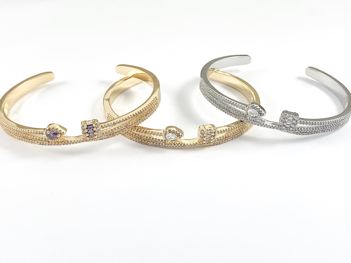 Cute Dainty Gold Bracelet Cuffs in Purple, Silver, Gold CZ Pave Bling Rhinestone Teardrop Cute Minimalist Bracelet Stack 1 bracelet