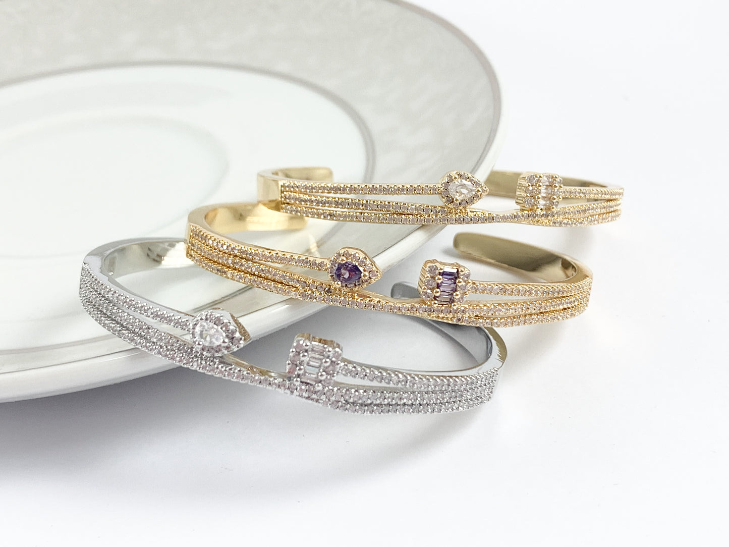 Cute Dainty Gold Bracelet Cuffs in Purple, Silver, Gold CZ Pave Bling Rhinestone Teardrop Cute Minimalist Bracelet Stack 1 bracelet