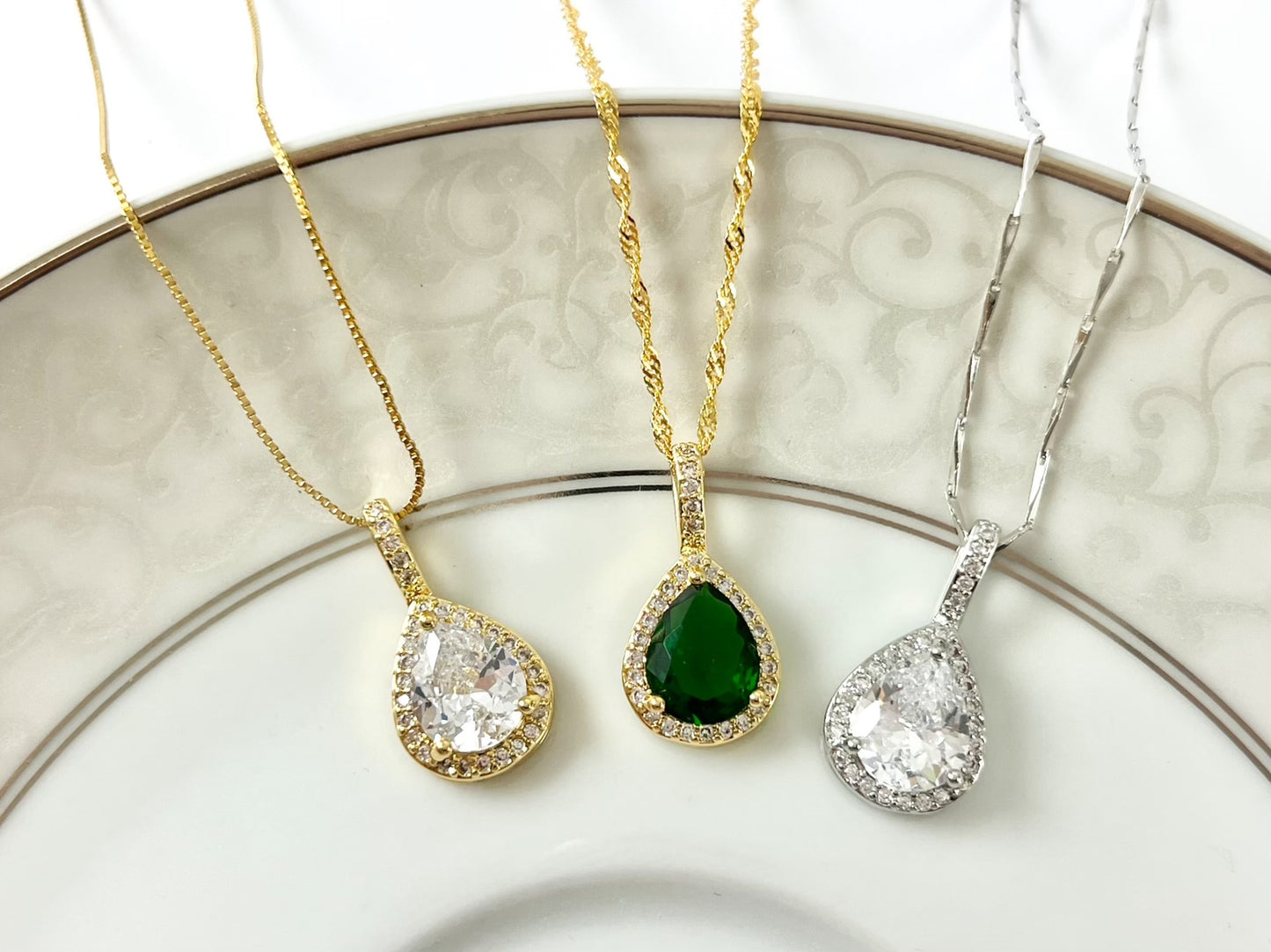 Brilliant Teardrop Pendants in Clear Green CZ Pave 18k Gold or Silver Plated over Copper 6 pcs