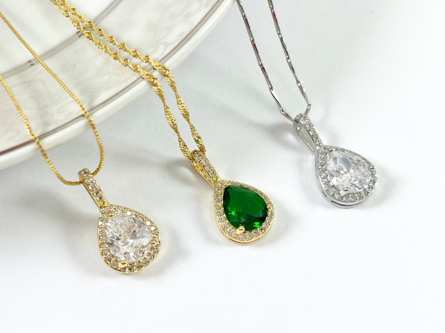 Brilliant Teardrop Pendants in Clear Green CZ Pave 18k Gold or Silver Plated over Copper 6 pcs