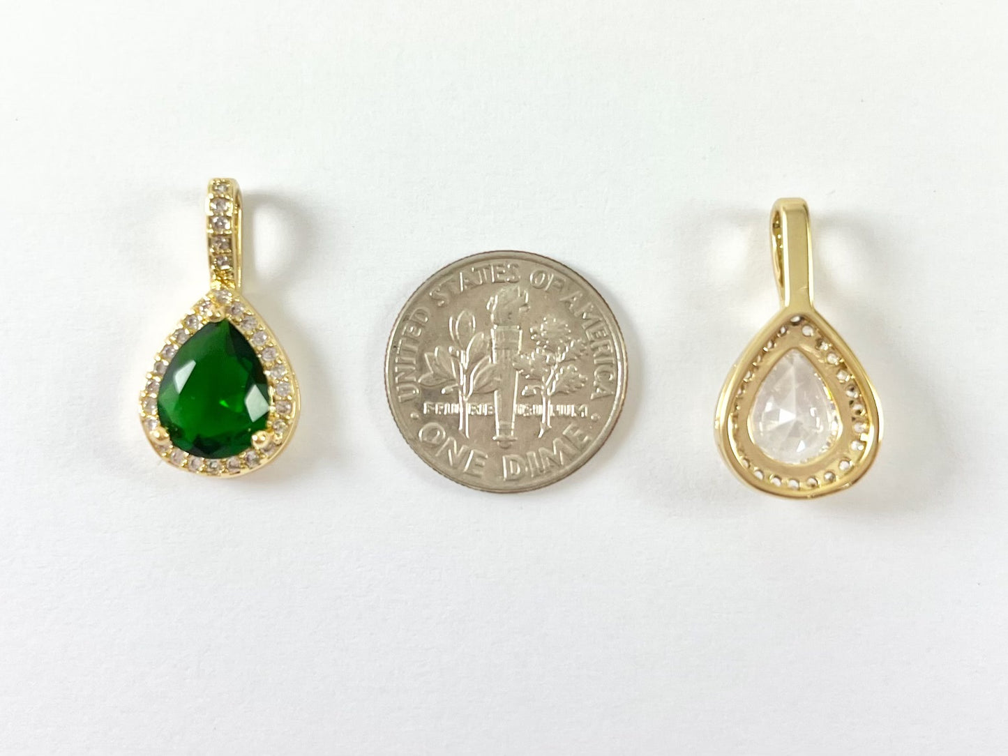 Brilliant Teardrop Pendants in Clear Green CZ Pave 18k Gold or Silver Plated over Copper 6 pcs